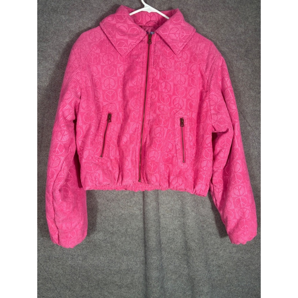 Urban Outfitters Pink Corduroy Peace Sign Embossed Cropped Puffer Jacket Small